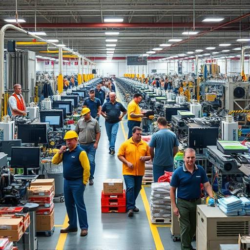A bustling manufacturing floor with workers operating machinery and finished goods on pallets