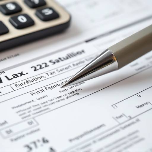 A close-up of tax forms with a calculator and pen, symbolizing tax preparation