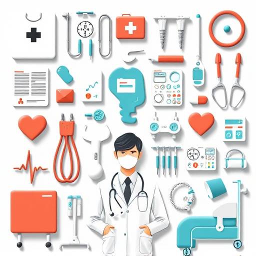 A montage of medical symbols, hospital equipment, and a doctor examining a patient