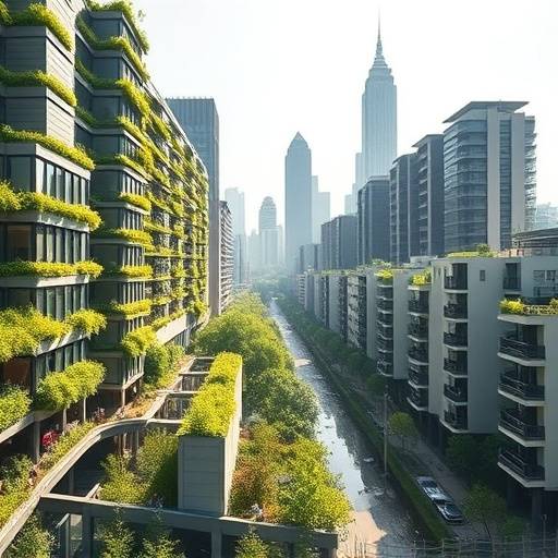 A serene cityscape with a focus on a sustainable building and green spaces