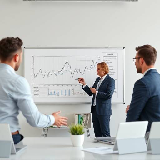 A team of professionals in a meeting discussing a financial projection chart on a whiteboard