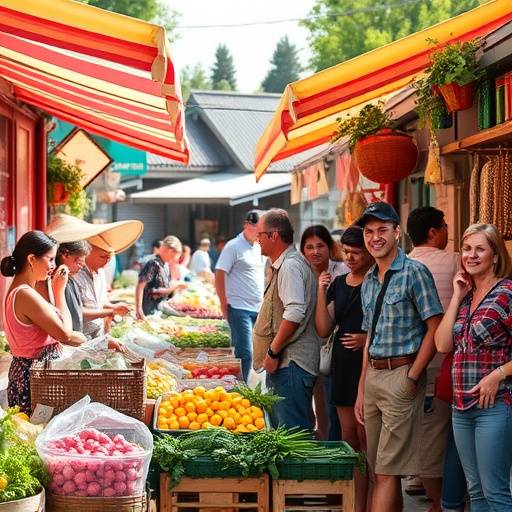 A vibrant and diverse marketplace scene with vendors and happy customers