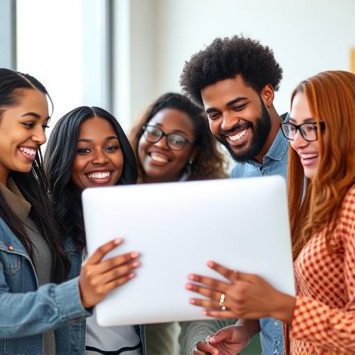 Illustration of diverse people interacting with a computer screen, symbolizing digital inclusivity.